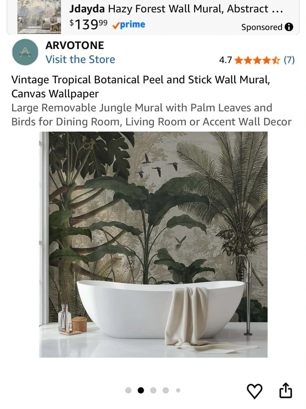 Brand New in Box Vintage Tropical Green Botanical Peel-and-Stick Wall Mural